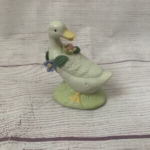 White Porcelain Duck or Goose Figurine with Flowers Grass Spring Easter 3"H